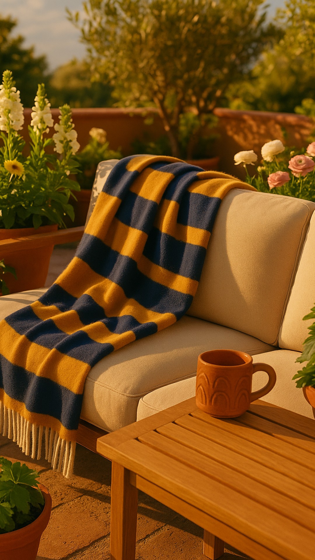 Embrace the gentle warmth of spring with our cashmere-blend throw, perfect for evening unwinding. Let mustard stripes meet navy in a canvas of open-air comfort.