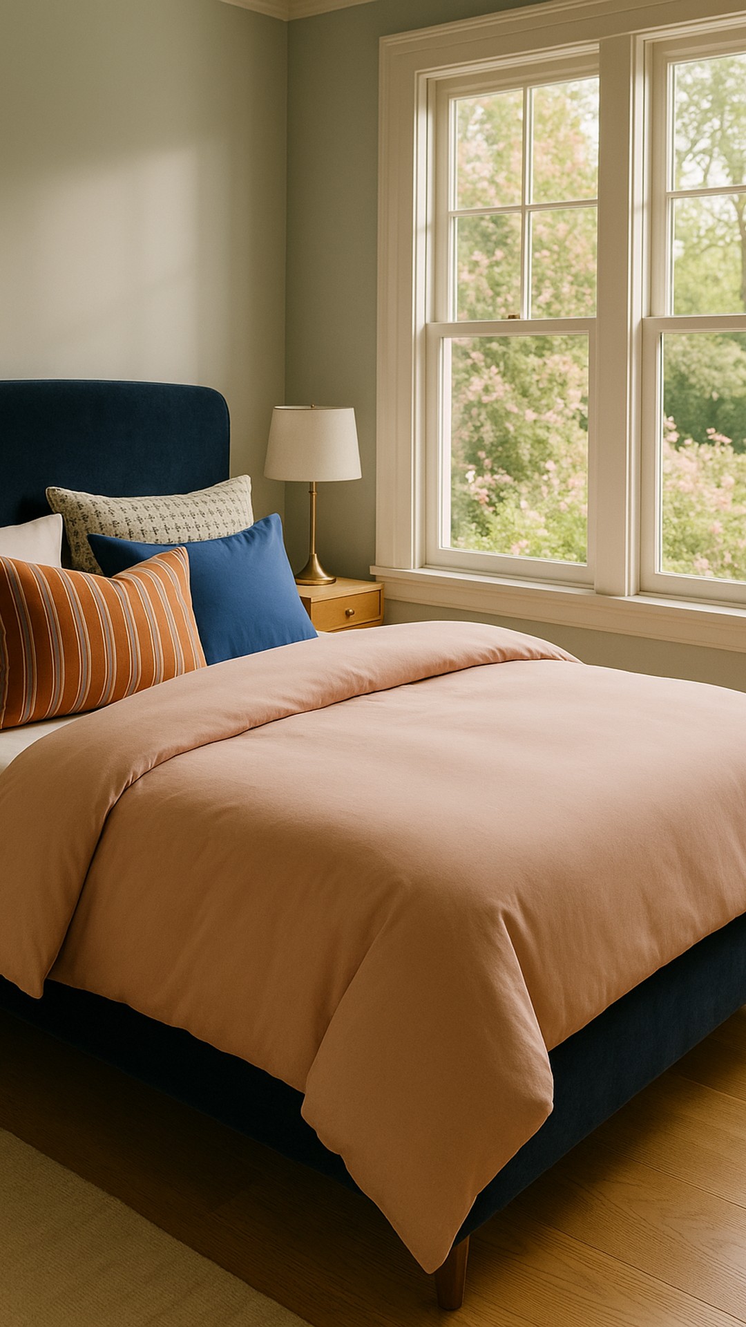 Indulge in luxurious comfort with an artfully layered bedding ensemble that defines elegance and relaxation. Awaken to soft morning light and the gentle embrace of spring.