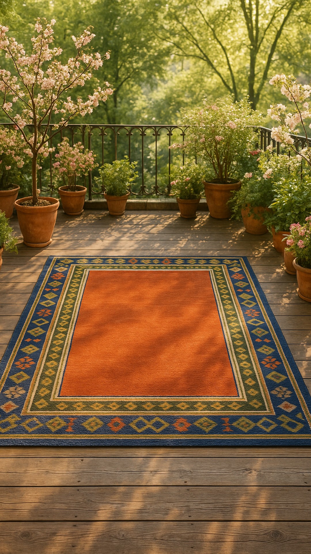 Reimagine your outdoor space with a touch of geometric elegance. This terrace-ready rug brings warmth and sophistication to your sunny spring retreat.