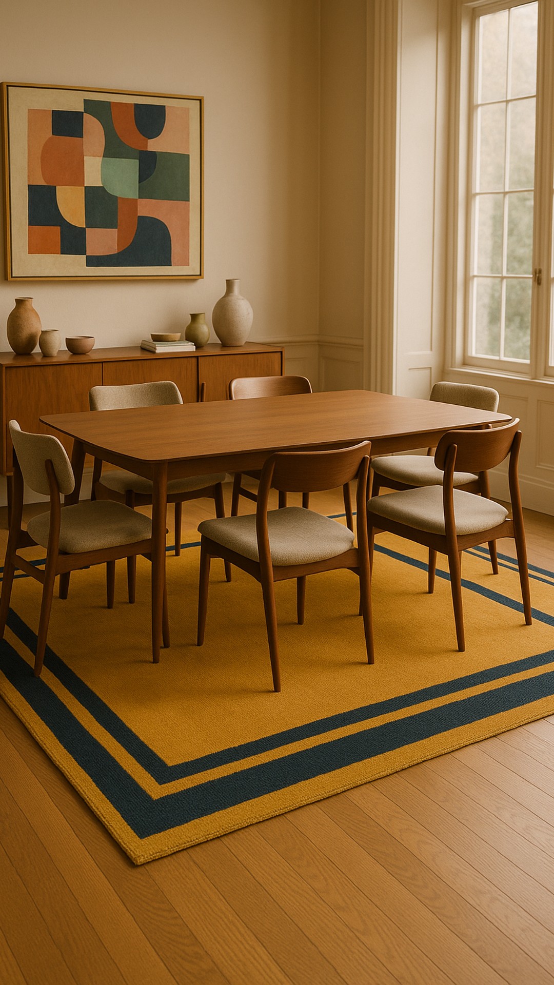 Elevate your dining space with a touch of luxury and bold design. This exquisite rug brings warmth and sophistication to any occasion.