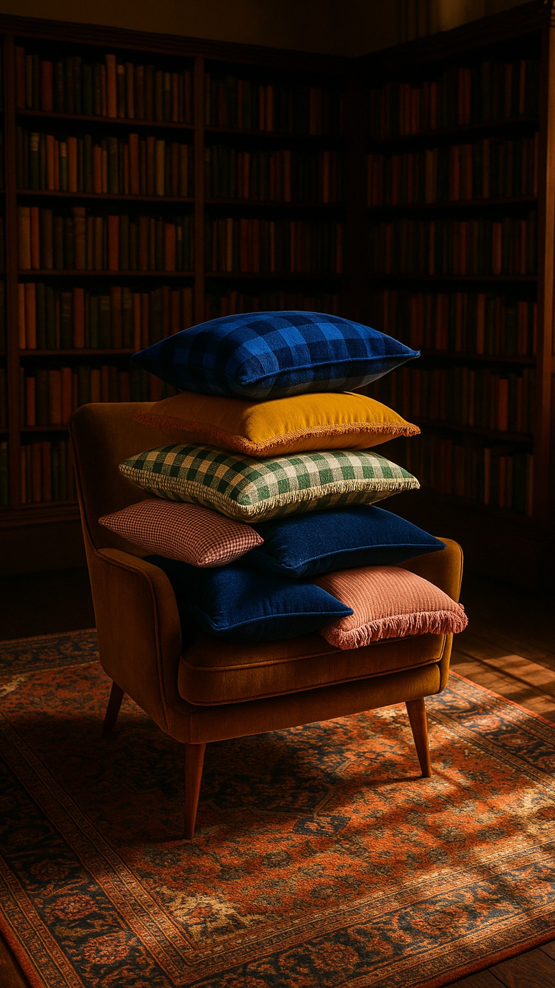 An elegant mix of patterns and plush textures turn a classic library corner into a cosy retreat.