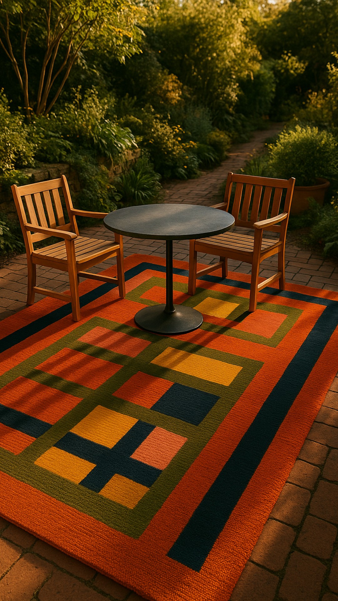 Bring a touch of contemporary luxury to your garden with our vibrant geometric rug. Perfect for relaxing with a book under the soft spring sun.