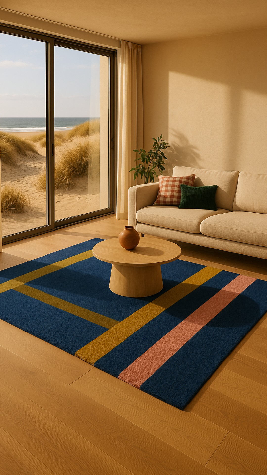 Step into tranquillity with our bold-patterned rug, bridging the indoors with serene sea views.