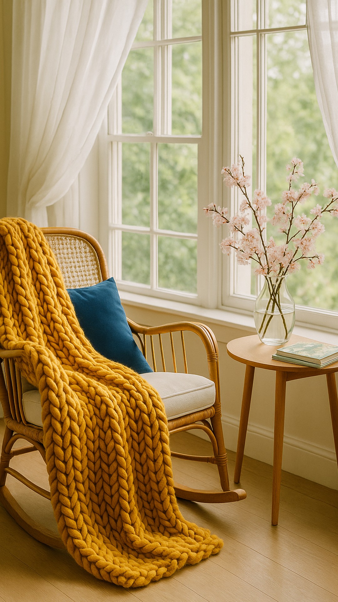 Embrace the whisper of spring with our luxurious mustard throw, perfect for serene moments by the window.